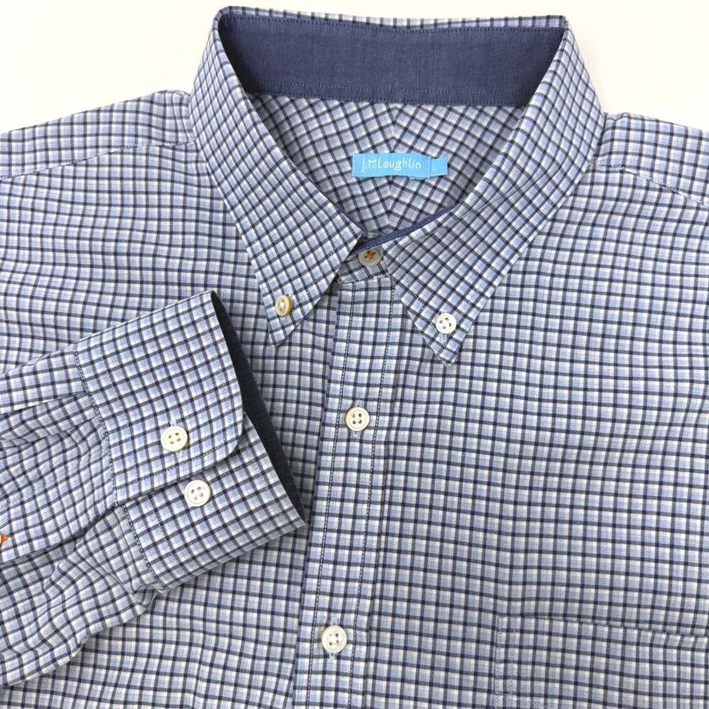 J.McLaughlin Mens Large Blue Micro Check Cotton Button Down Long‎ Sleeve Shirt